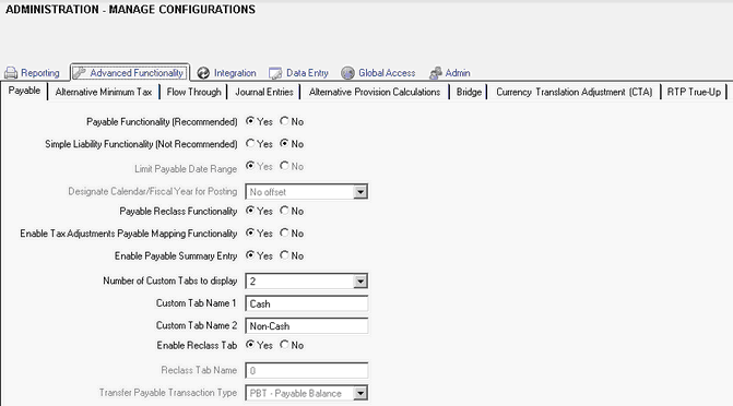 Manage configuration advanced functionality payable