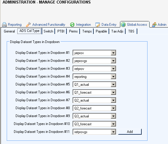 manage configurations global access ads col type