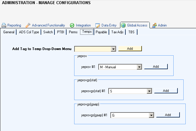 manage configurations global access temps2