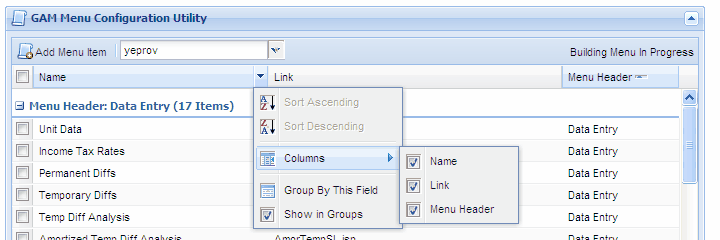 menu configurations set up name sort